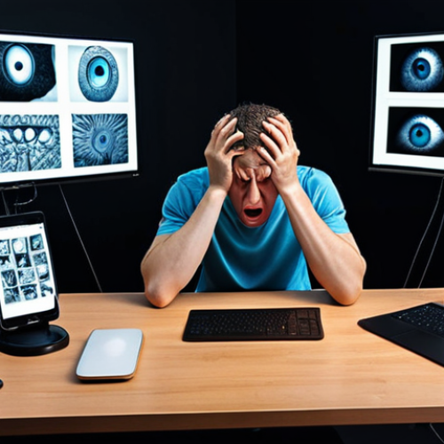 Home 15 ** A person surrounded by screens (phone, laptop, tablet) looking stressed and overwhelmed. Emphasize the negative physical effects (eye strain, bad posture) and mental effects (anxiety, comparing themselves to others on social media).
**