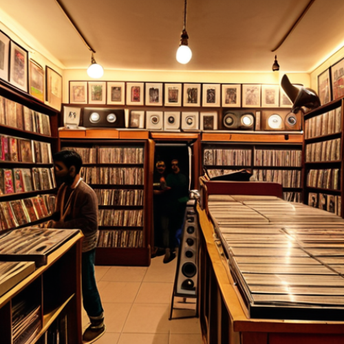 Home 14 A cozy vintage music store in Kolkata, filled with people browsing vinyl records and cassettes. Warm lighting, a gramophone in the corner, and shelves overflowing with music memorabilia. Capture the nostalgic atmosphere.