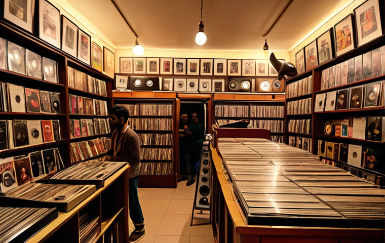 A cozy vintage music store in Kolkata, filled with people browsing vinyl records and cassettes. Warm lighting, a gramophone in the corner, and shelves overflowing with music memorabilia. Capture the nostalgic atmosphere.