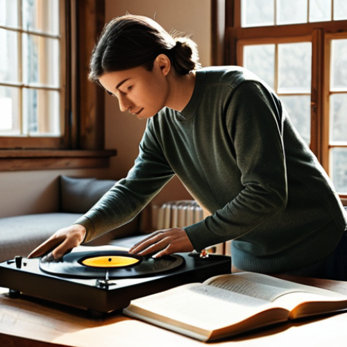 Home 7 A calm young adult, fully clothed in modest, comfortable attire, gently placing a vintage vinyl record onto a turntable in a sunlit living room. An open book rests on a wooden table nearby. The room features warm, earthy tones, soft natural light streaming through a large window, and subtle, cozy decor. The atmosphere conveys peacefulness and a sense of digital detox and tranquil mindfulness. perfect anatomy, correct proportions, natural pose, well-formed hands, proper finger count, natural body proportions, high-quality photography, realistic, safe for work, appropriate content, fully clothed, family-friendly.