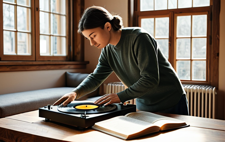 A calm young adult, fully clothed in modest, comfortable attire, gently placing a vintage vinyl record onto a turntable in a sunlit living room. An open book rests on a wooden table nearby. The room features warm, earthy tones, soft natural light streaming through a large window, and subtle, cozy decor. The atmosphere conveys peacefulness and a sense of digital detox and tranquil mindfulness. perfect anatomy, correct proportions, natural pose, well-formed hands, proper finger count, natural body proportions, high-quality photography, realistic, safe for work, appropriate content, fully clothed, family-friendly.
