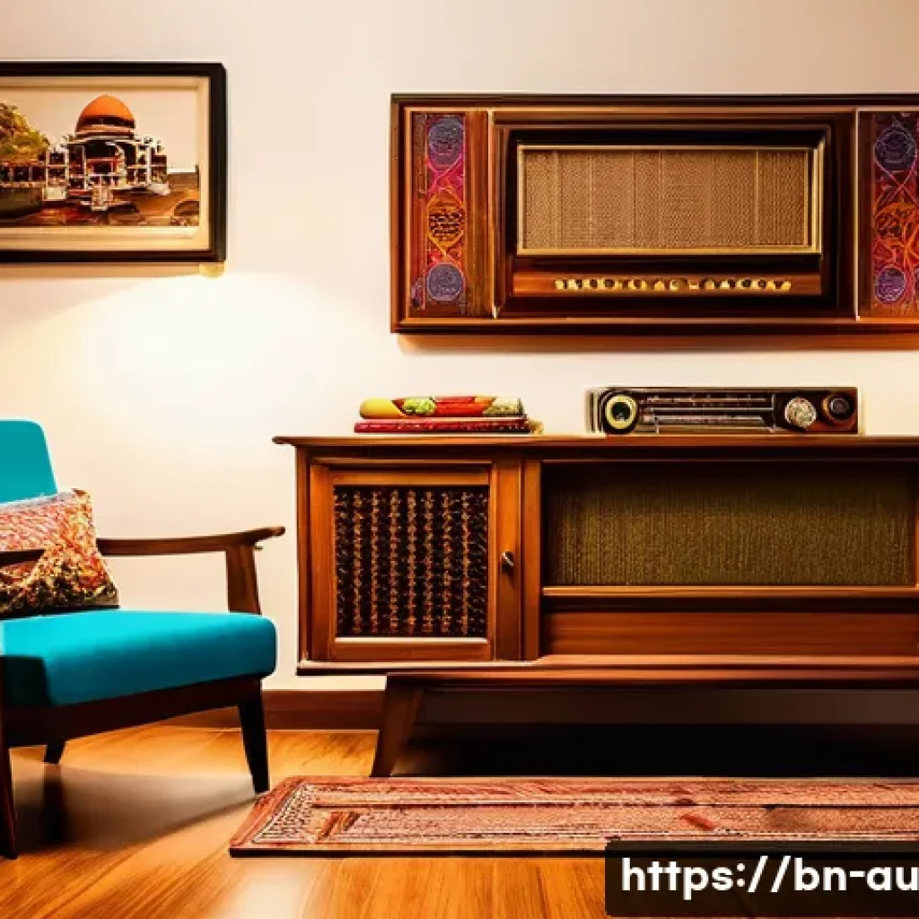 뉴아날로그 트렌드의 미래 전망 - A cozy, modern living room blending vintage and contemporary styles, featuring handcrafted wooden fu...