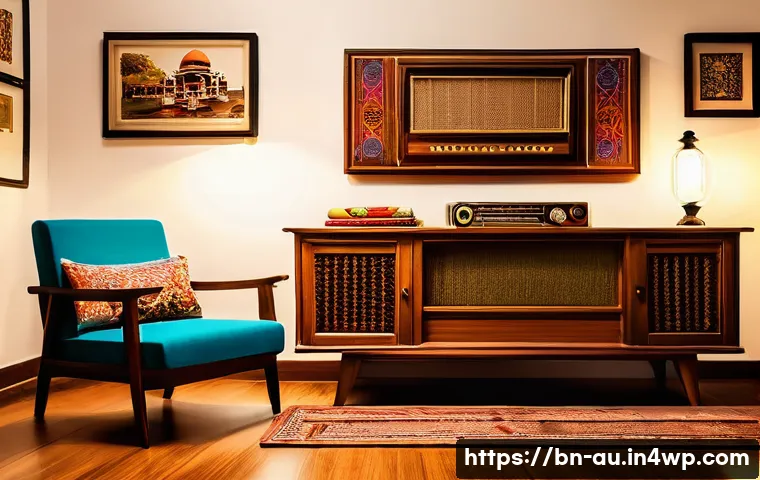 뉴아날로그 트렌드의 미래 전망 - A cozy, modern living room blending vintage and contemporary styles, featuring handcrafted wooden fu...