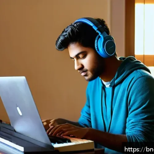 Home 33 뉴아날로그 트렌드와 DIY 음악 제작 - A young Bengali musician in a cozy, modern home studio setting, surrounded by a small MIDI keyboard,...
