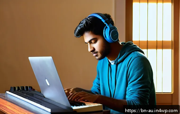 뉴아날로그 트렌드와 DIY 음악 제작 - A young Bengali musician in a cozy, modern home studio setting, surrounded by a small MIDI keyboard,...