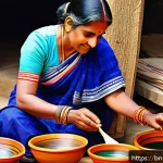 Home 19 뉴아날로그 트렌드에서의 핸드메이드 제품 - A vibrant marketplace scene in a rural Bengali village showcasing skilled artisans crafting handmade...
