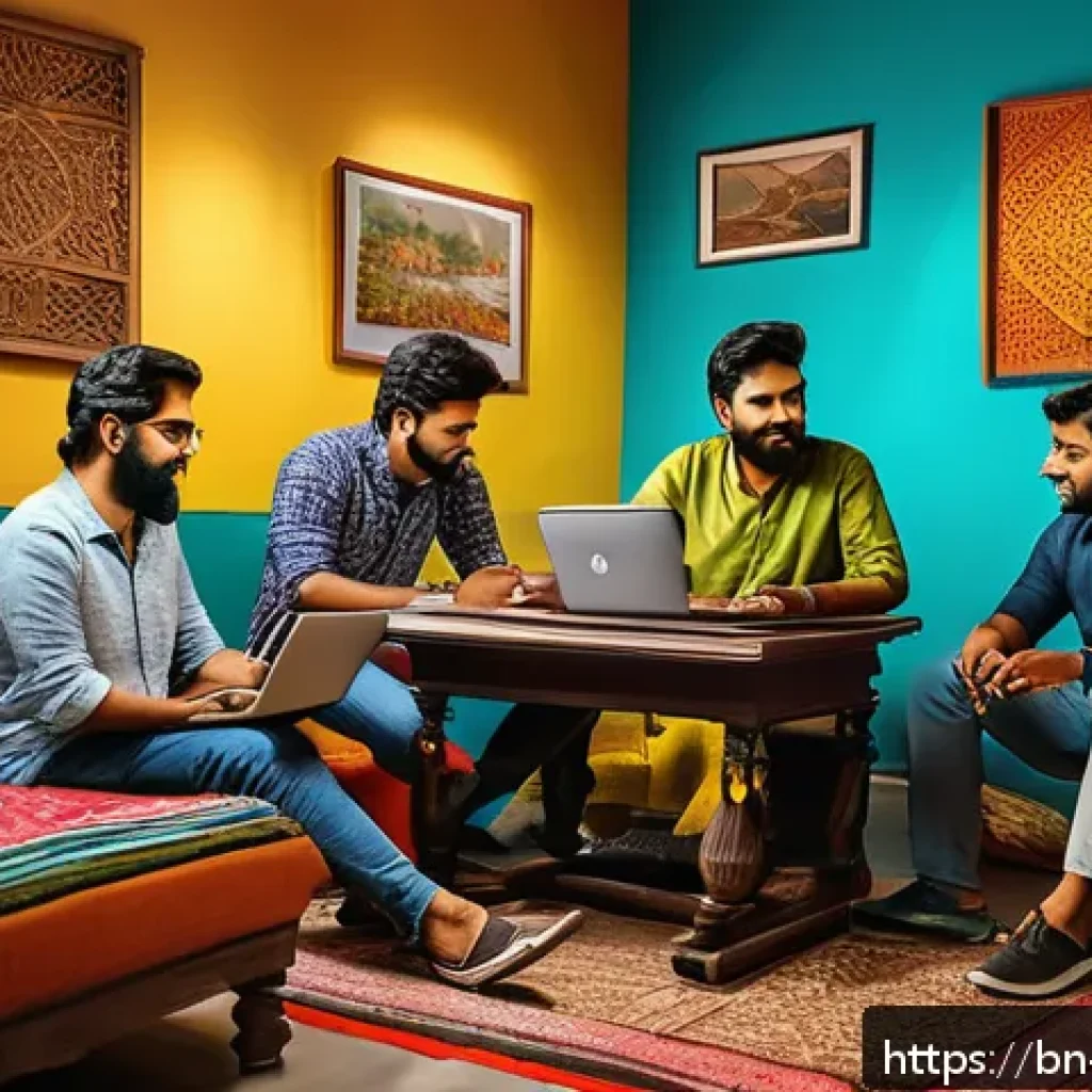 뉴아날로그 트렌드와 커뮤니티 활동 - A vibrant digital art scene featuring a diverse group of Bengali creators in a cozy, modern studio f...