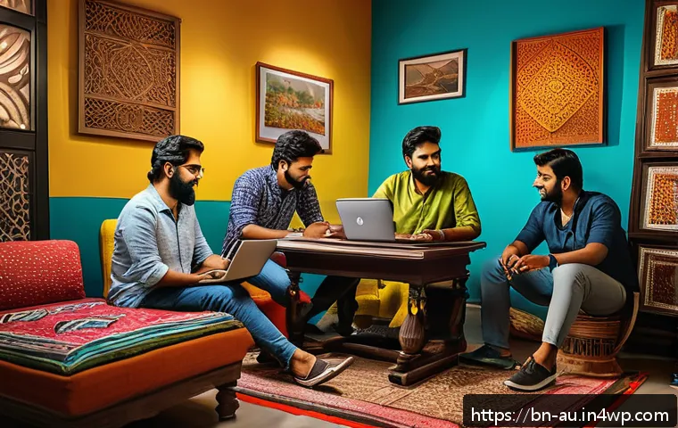 뉴아날로그 트렌드와 커뮤니티 활동 - A vibrant digital art scene featuring a diverse group of Bengali creators in a cozy, modern studio f...