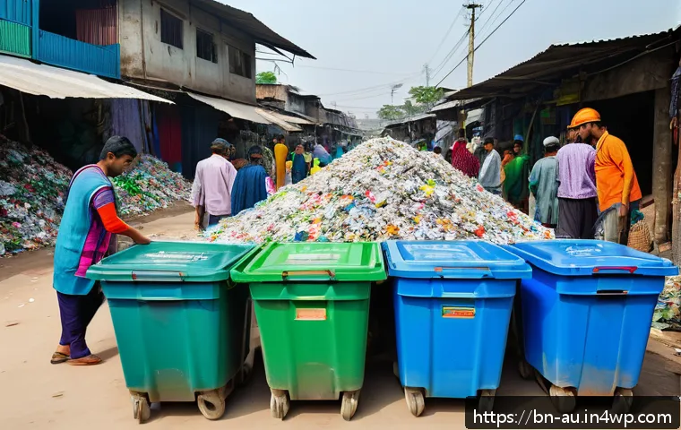 뉴아날로그 트렌드에서의 자원 재활용 - A vibrant recycling center in a bustling Bangladeshi urban neighborhood, featuring diverse workers s...