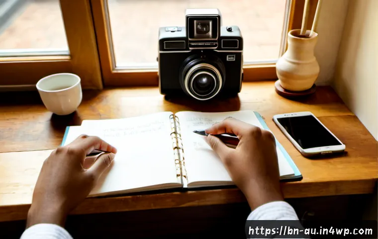 뉴아날로그 트렌드에서의 아날로그 감성 - Photorealistic cozy desk scene illustrating the new analog trend, a Bengali young adult’s hands arra...